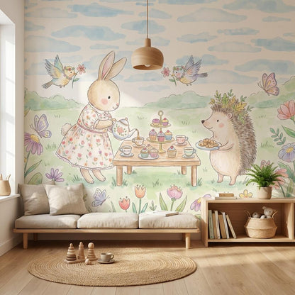 Whimsical Bunny Tea Party Wall Mural Pastel Animal Nursery Wallpaper Storybook Decor