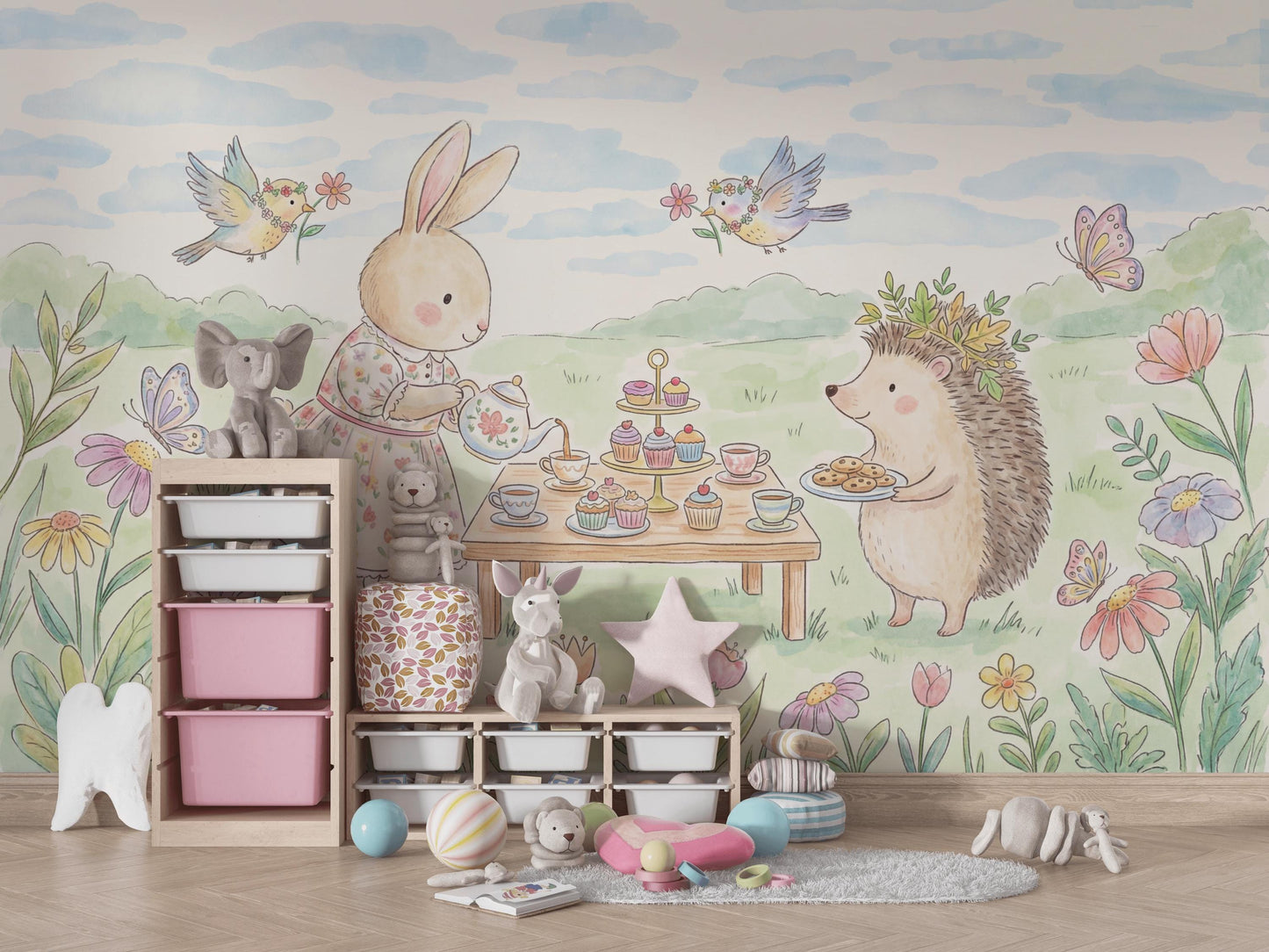 Whimsical Bunny Tea Party Wall Mural Pastel Animal Nursery Wallpaper Storybook Decor