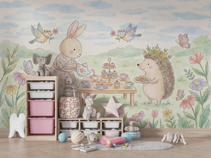 Whimsical Bunny Tea Party Wall Mural Pastel Animal Nursery Wallpaper Storybook Decor