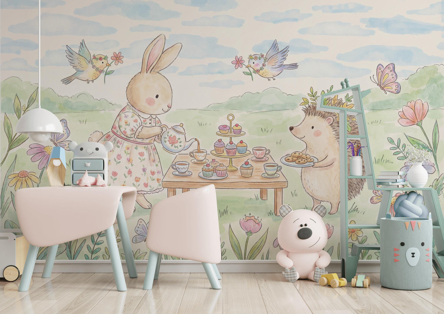 Whimsical Bunny Tea Party Wall Mural Pastel Animal Nursery Wallpaper Storybook Decor