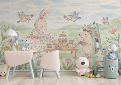 Whimsical Bunny Tea Party Wall Mural Pastel Animal Nursery Wallpaper Storybook Decor