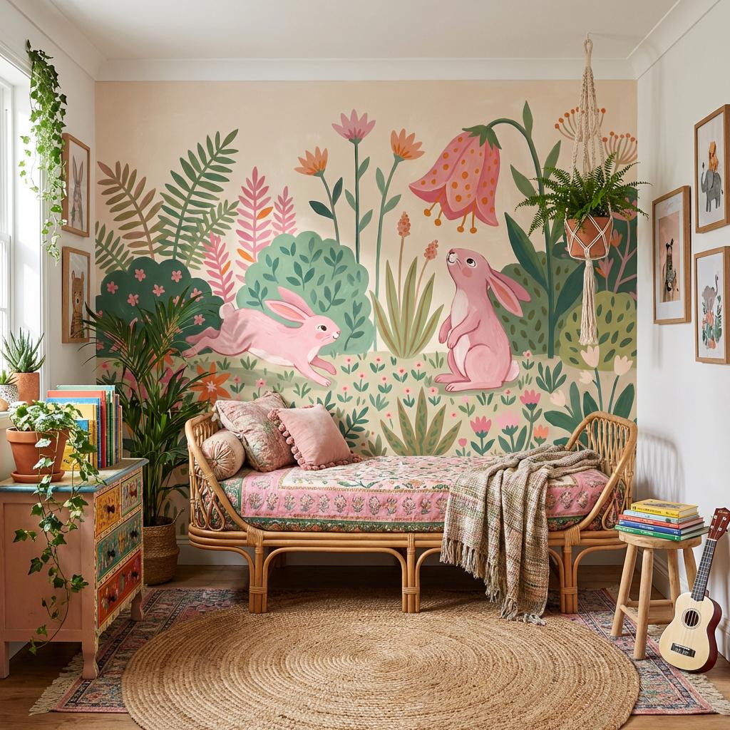 Blush Bunny Garden Wall Mural Pink Floral Nursery Wallpaper Whimsical Kids Room Decor