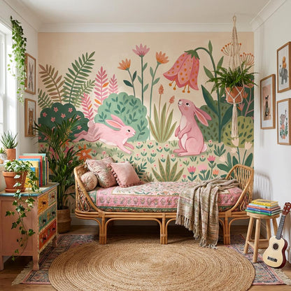 Blush Bunny Garden Wall Mural Pink Floral Nursery Wallpaper Whimsical Kids Room Decor