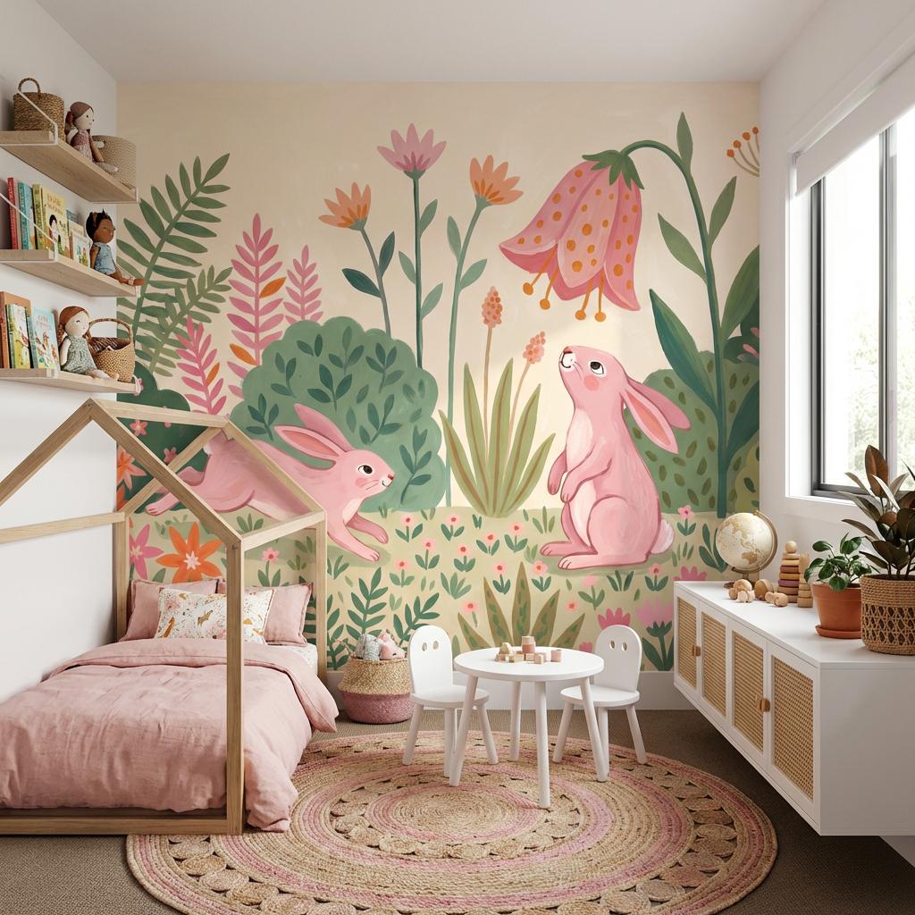 Blush Bunny Garden Wall Mural Pink Floral Nursery Wallpaper Whimsical Kids Room Decor