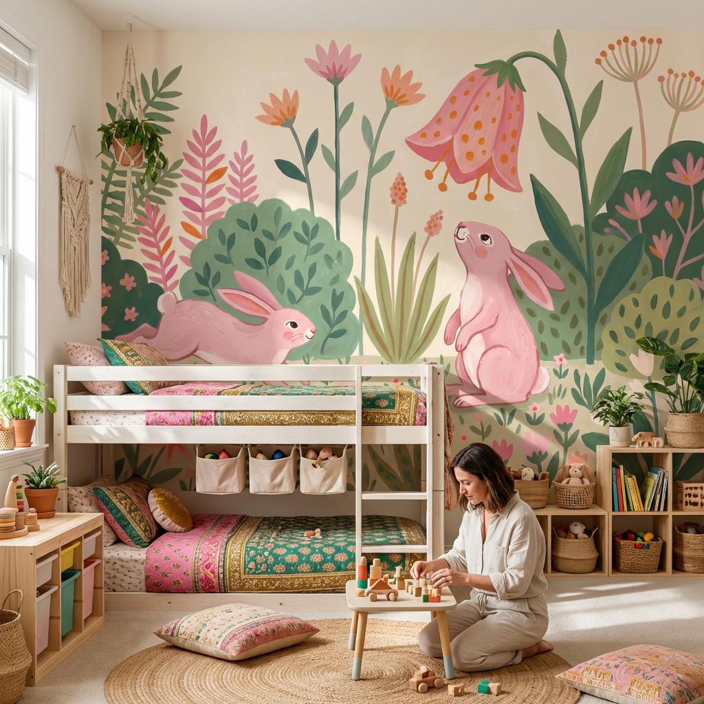 Blush Bunny Garden Wall Mural Pink Floral Nursery Wallpaper Whimsical Kids Room Decor