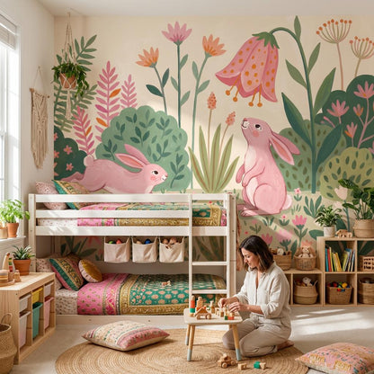 Blush Bunny Garden Wall Mural Pink Floral Nursery Wallpaper Whimsical Kids Room Decor