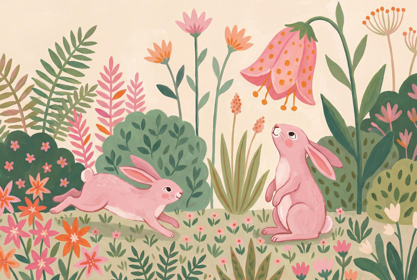 Blush Bunny Garden Wall Mural Pink Floral Nursery Wallpaper Whimsical Kids Room Decor