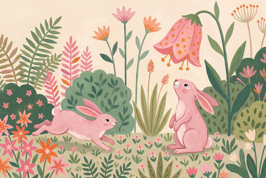 Blush Bunny Garden Wall Mural Pink Floral Nursery Wallpaper Whimsical Kids Room Decor