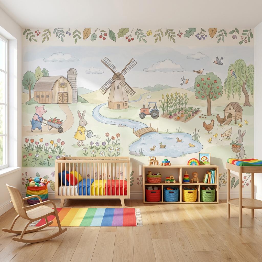 Storybook Farm Wall Mural Kids Nursery Wallpaper Barn Animals Country Landscape Decor