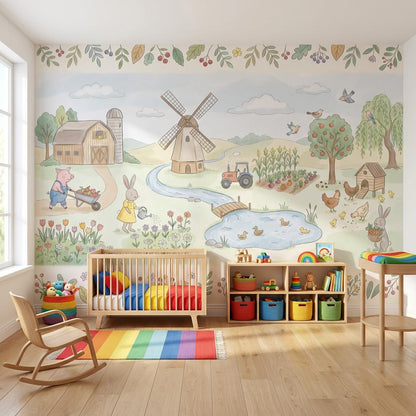 Storybook Farm Wall Mural Kids Nursery Wallpaper Barn Animals Country Landscape Decor
