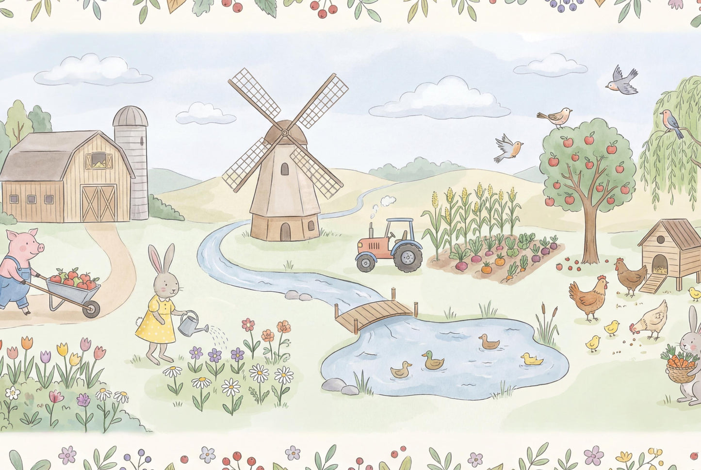 Storybook Farm Wall Mural Kids Nursery Wallpaper Barn Animals Country Landscape Decor