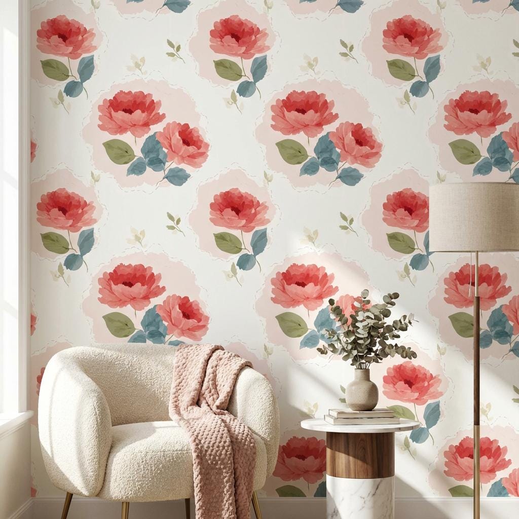 Blush Peony Pattern Wallpaper Soft Floral Repeat Design Romantic Wall Decor