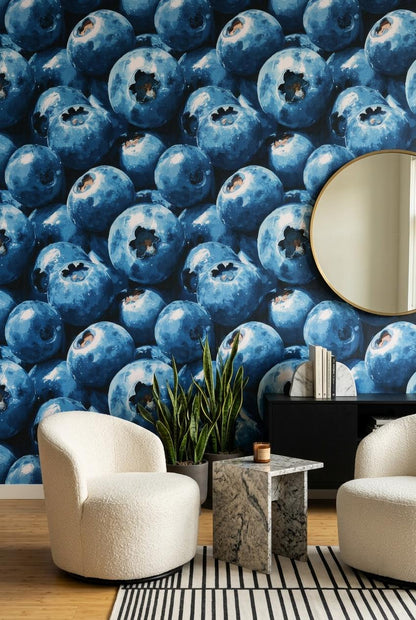 Blueberry Pattern Wallpaper Fruit Kitchen Wall Decor Dark Blue Modern Food Design