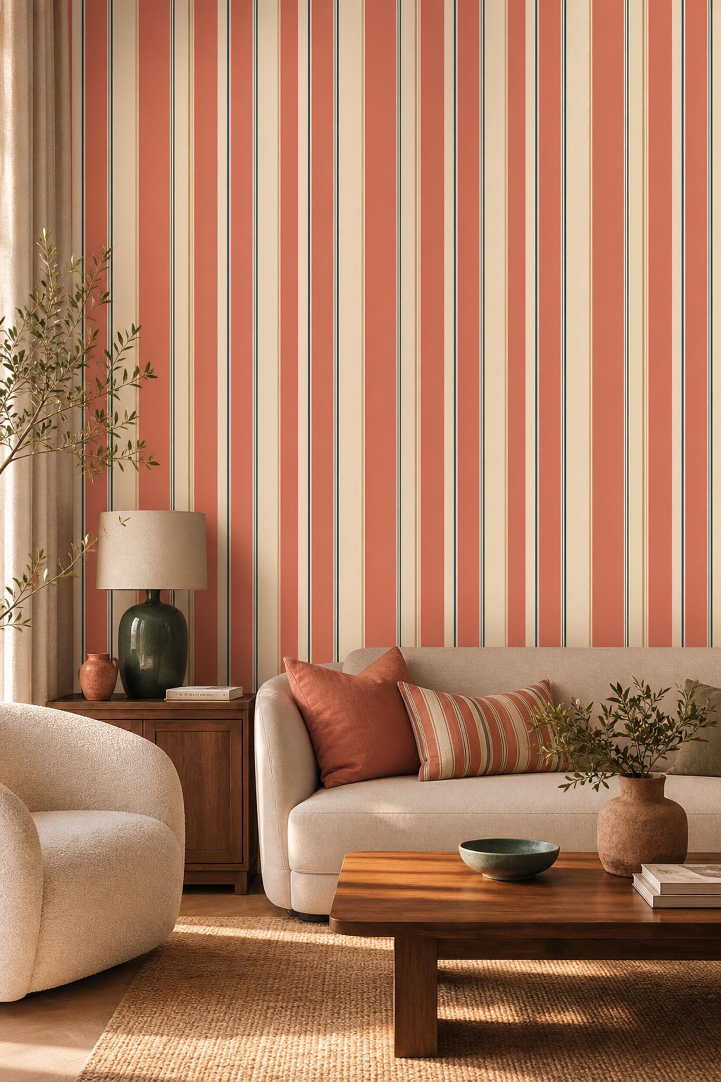 Warm Stripe Wallpaper Retro Modern Vertical Lines Neutral Wall Decor Home Design