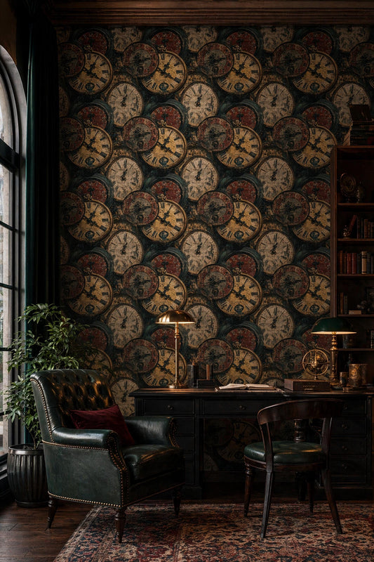 Vintage Clock Wallpaper Steampunk Wall Decor Antique Timepiece Pattern Industrial Interior Design