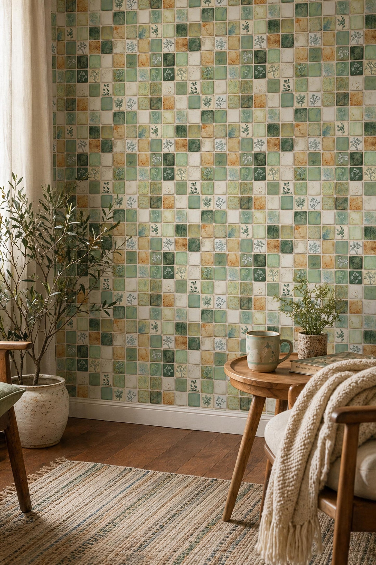Green Mosaic Tile Wallpaper Botanical Square Pattern Rustic Ceramic Look Natural Wall Decor