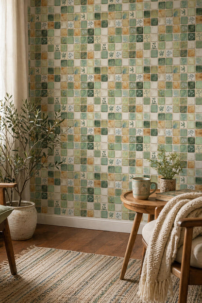 Green Mosaic Tile Wallpaper Botanical Square Pattern Rustic Ceramic Look Natural Wall Decor