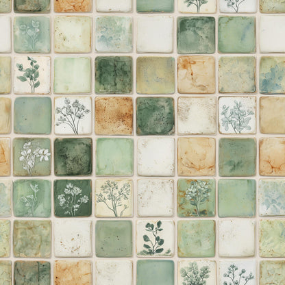 Green Mosaic Tile Wallpaper Botanical Square Pattern Rustic Ceramic Look Natural Wall Decor