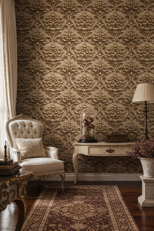 Baroque Damask Wallpaper Vintage Ornamental Pattern Classic Luxury Wall Decor Neutral Beige Design