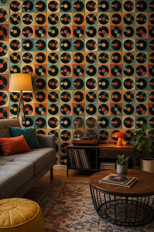 Vinyl Record Wallpaper Retro Music Wall Decor LP Pattern Vintage Colorful Geometric Design