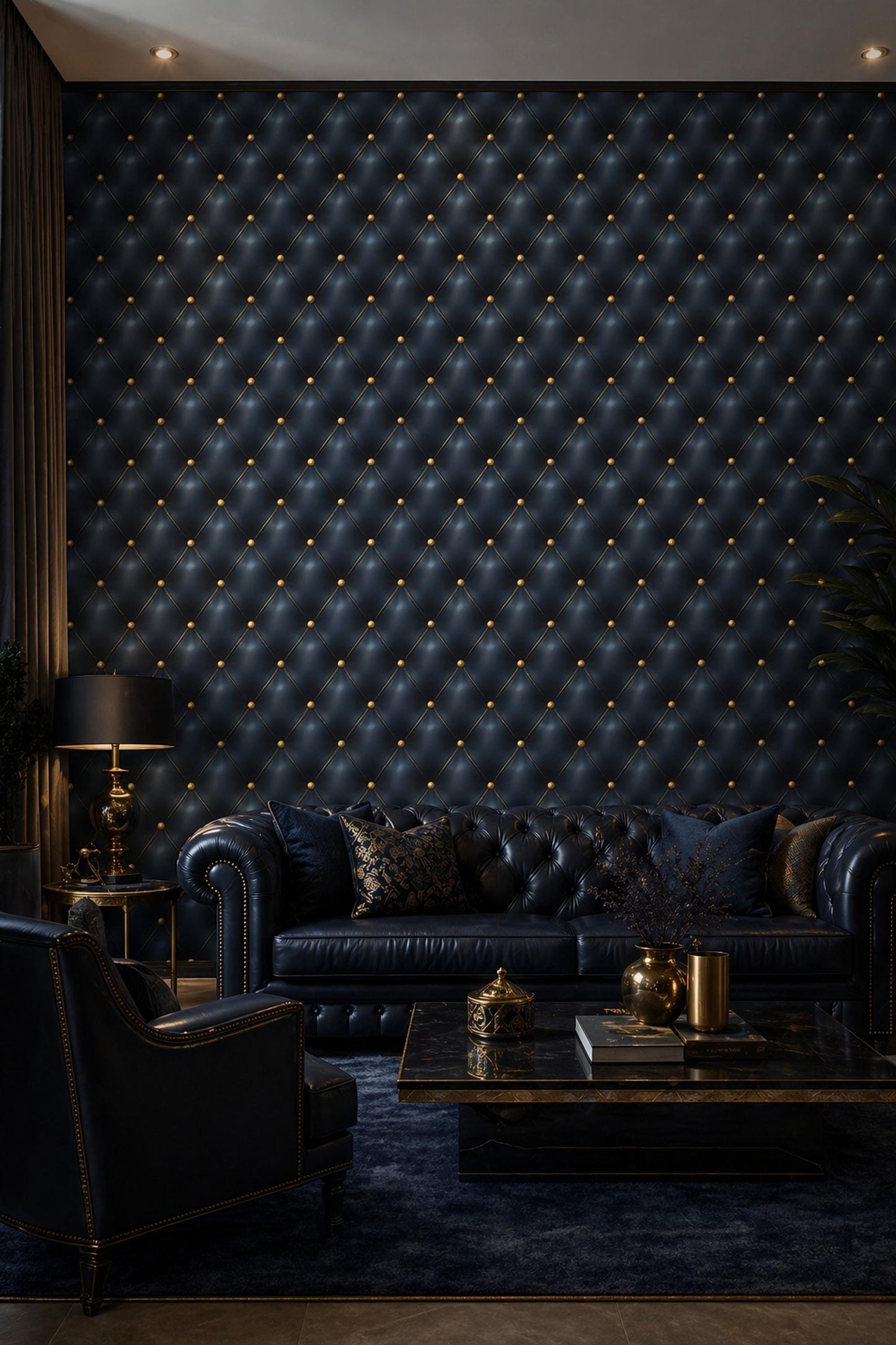 Dark Blue Tufted Leather Wallpaper Luxury Wall Decor Chesterfield Pattern Elegant Interior Design