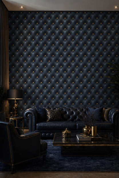 Dark Blue Tufted Leather Wallpaper Luxury Wall Decor Chesterfield Pattern Elegant Interior Design