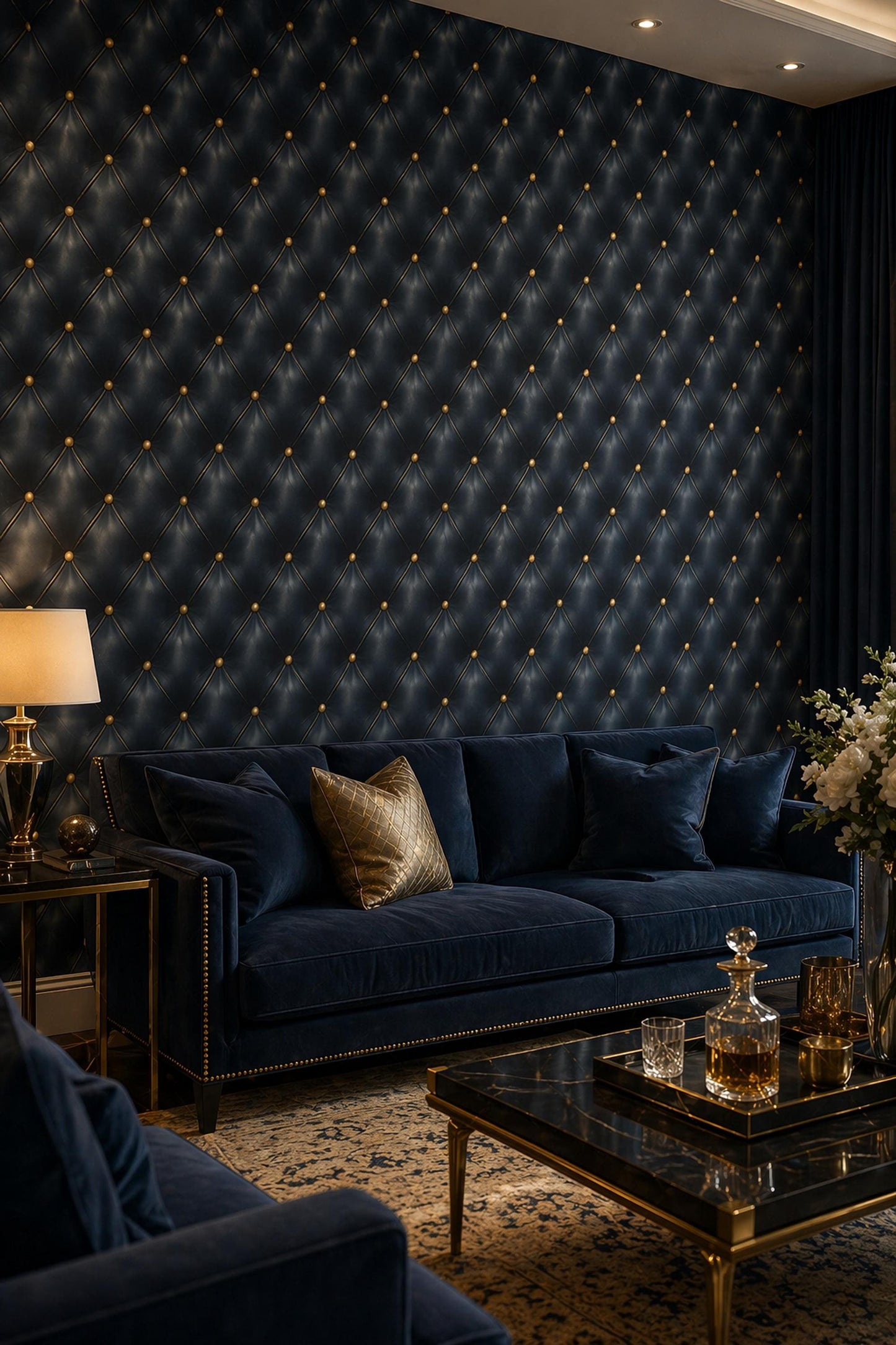 Dark Blue Tufted Leather Wallpaper Luxury Wall Decor Chesterfield Pattern Elegant Interior Design