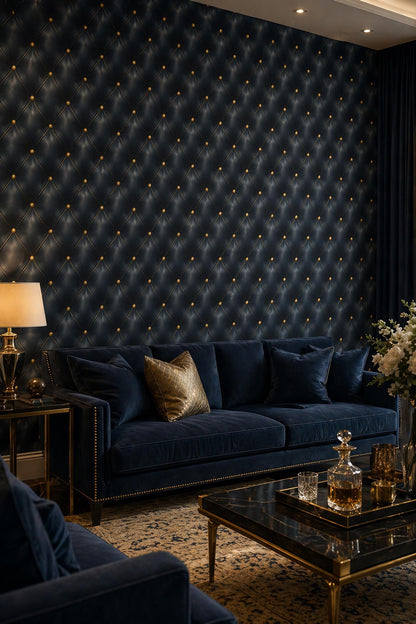 Dark Blue Tufted Leather Wallpaper Luxury Wall Decor Chesterfield Pattern Elegant Interior Design