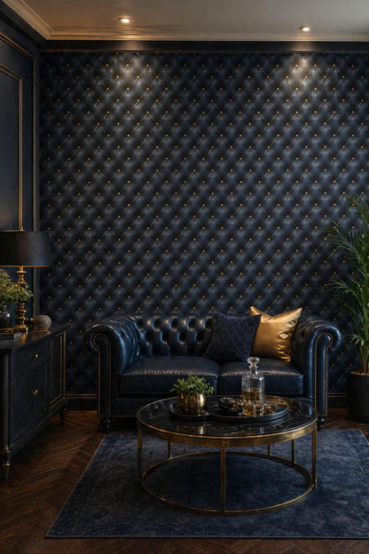 Dark Blue Tufted Leather Wallpaper Luxury Wall Decor Chesterfield Pattern Elegant Interior Design