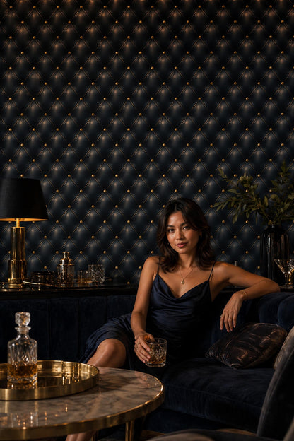Dark Blue Tufted Leather Wallpaper Luxury Wall Decor Chesterfield Pattern Elegant Interior Design