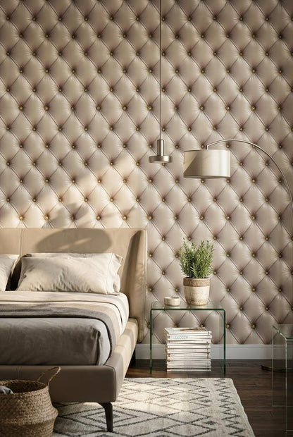 Beige Tufted Wallpaper Leather Look Wall Decor Neutral Luxury Panel Design Classic Elegant Interior