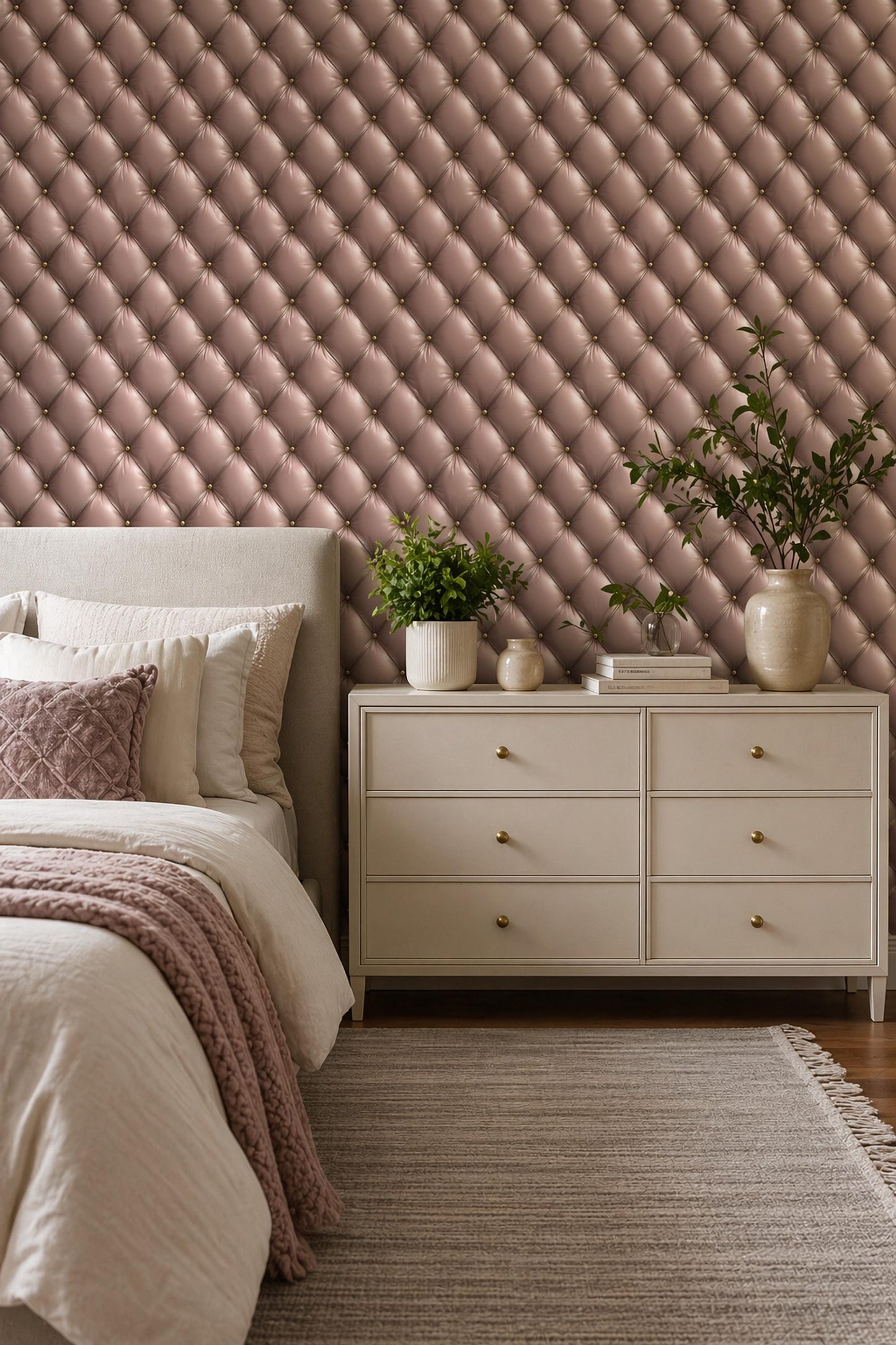 Blush Pink Tufted Wallpaper Luxury Panel Effect Soft Glam Wall Decor Chic Interior