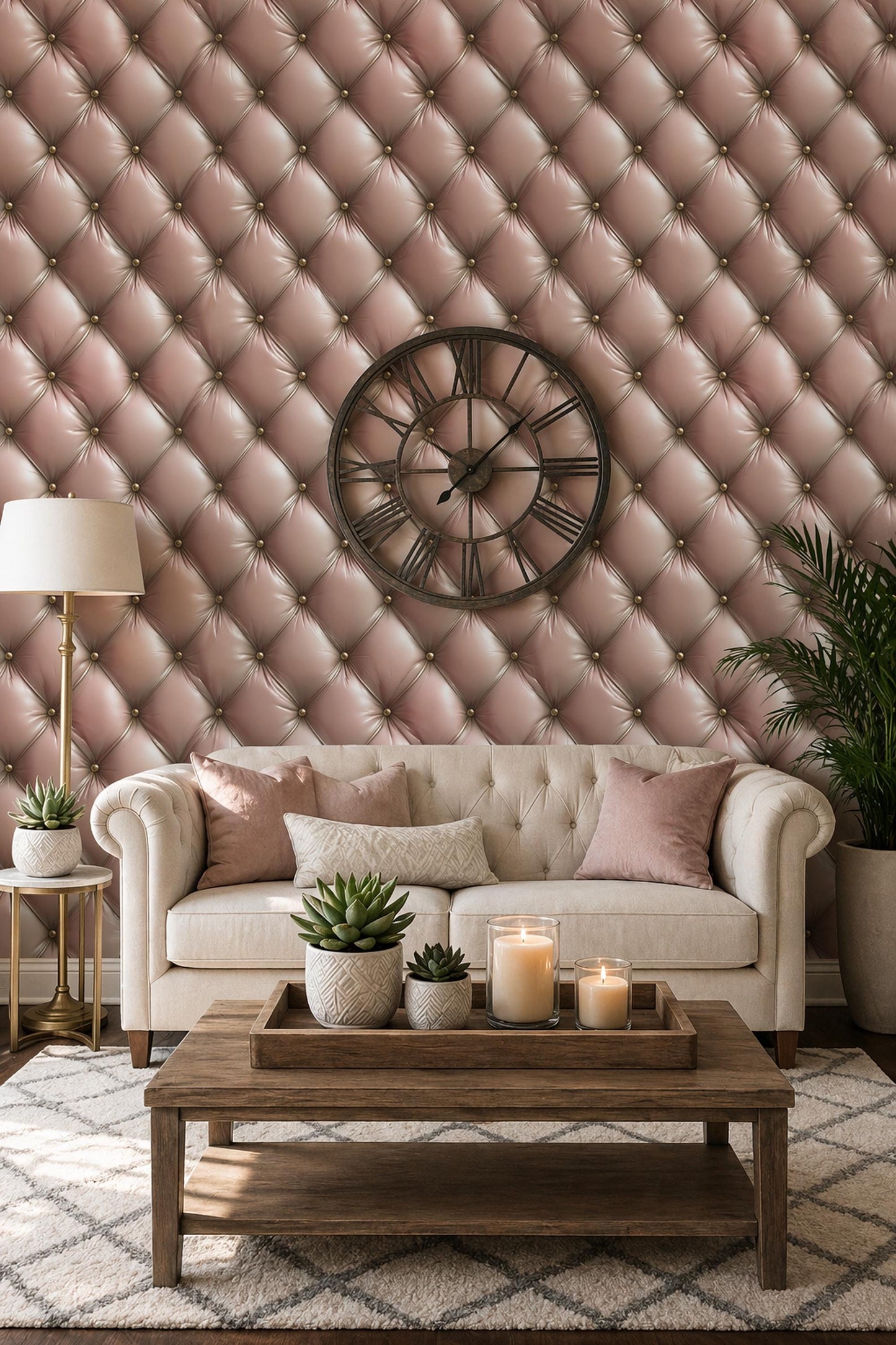 Blush Pink Tufted Wallpaper Luxury Panel Effect Soft Glam Wall Decor Chic Interior