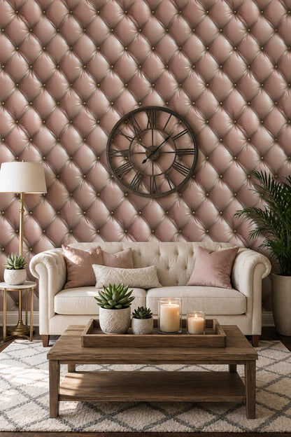 Blush Pink Tufted Wallpaper Luxury Panel Effect Soft Glam Wall Decor Chic Interior