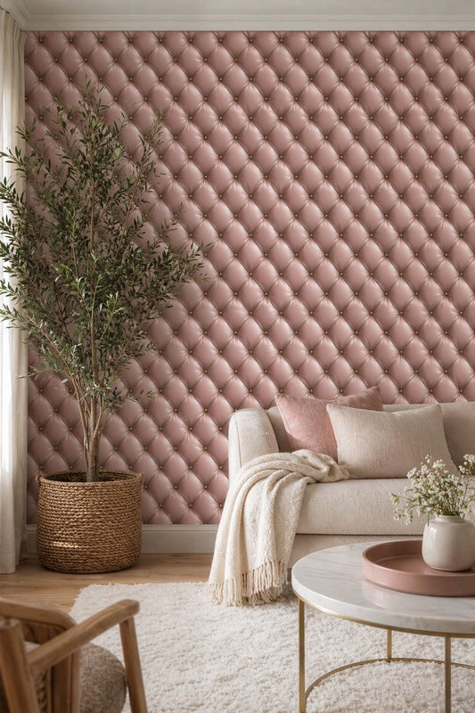 Blush Pink Tufted Wallpaper Luxury Panel Effect Soft Glam Wall Decor Chic Interior