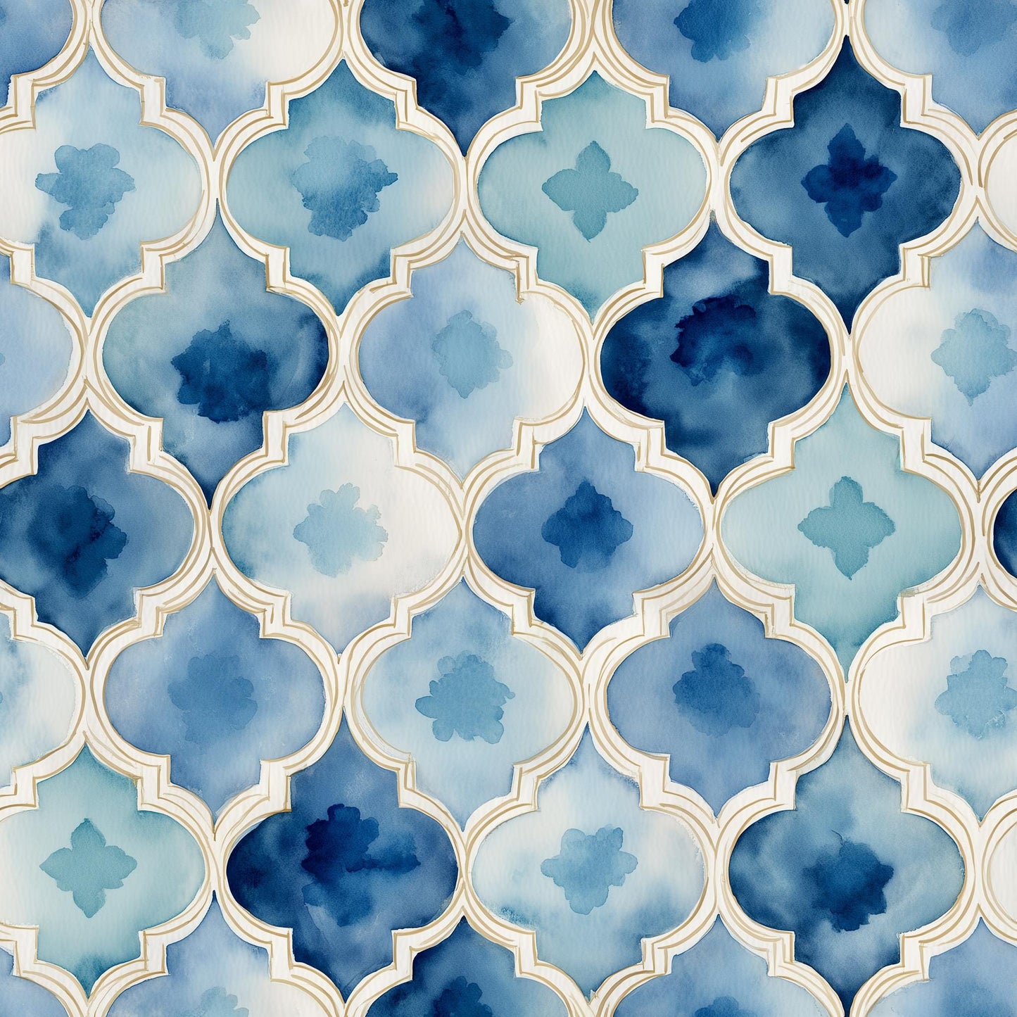 Moroccan Tile Wallpaper Set Blue Trellis Pattern Coastal Wall Decor Boho Chic Design