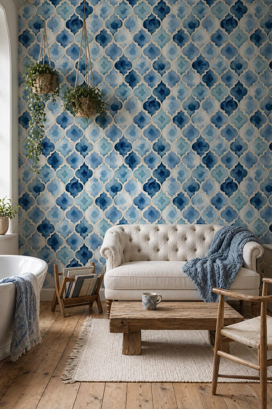 Moroccan Tile Wallpaper Set Blue Trellis Pattern Coastal Wall Decor Boho Chic Design