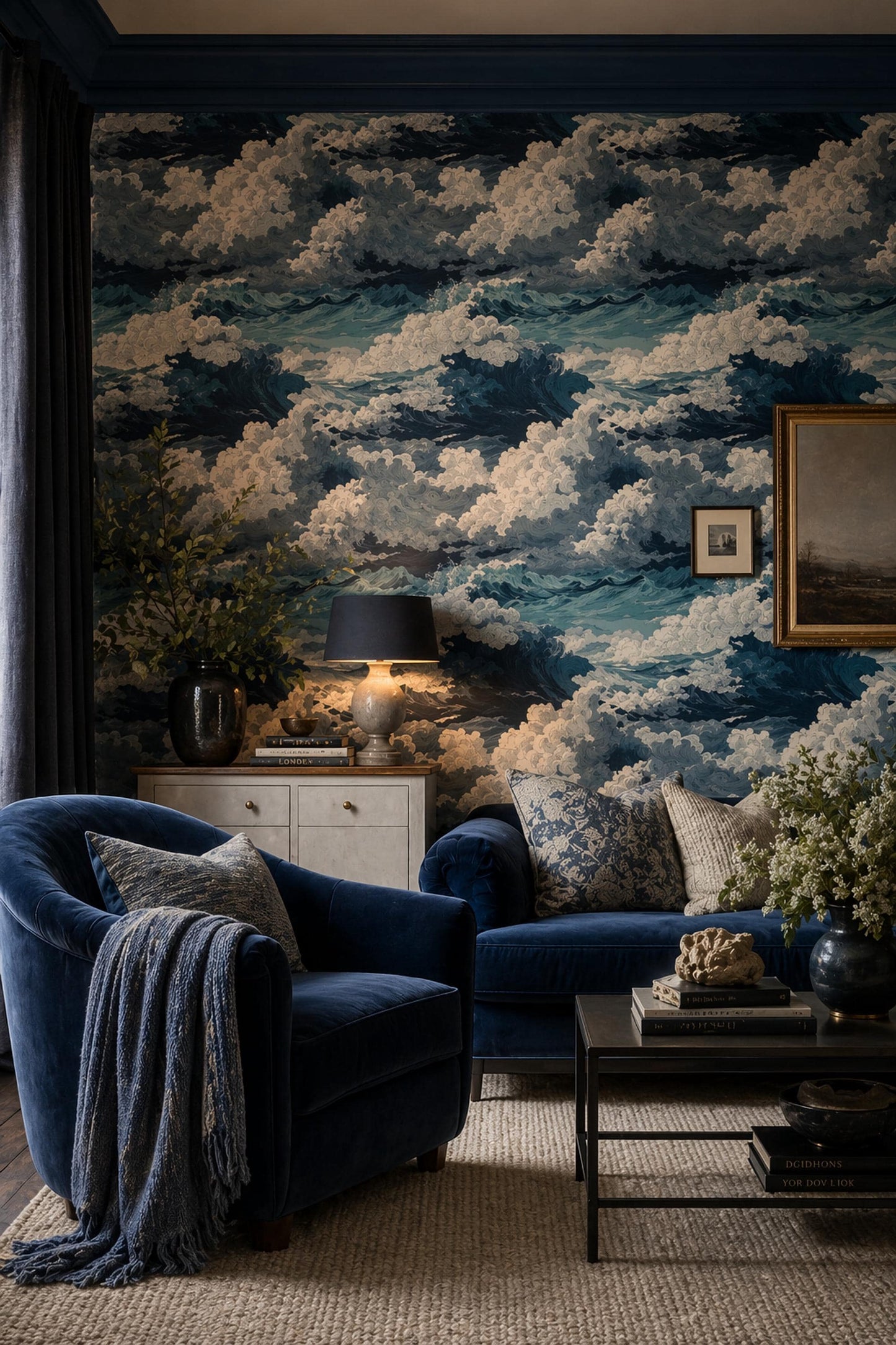 Ocean Wave Pattern Wallpaper Dark Blue Coastal Seamless Sea Wall Decor