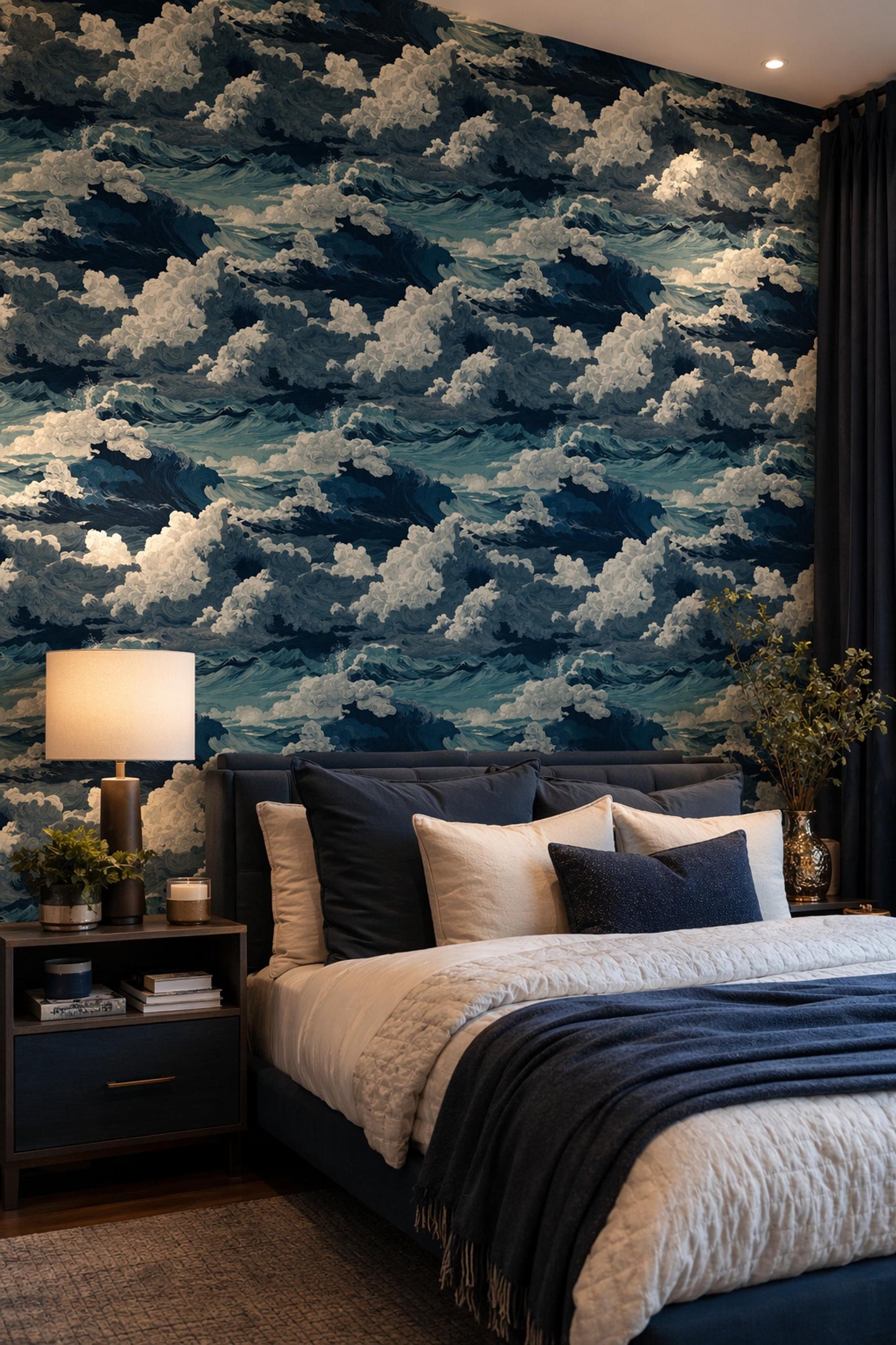 Ocean Wave Pattern Wallpaper Dark Blue Coastal Seamless Sea Wall Decor