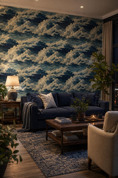 Ocean Wave Pattern Wallpaper Dark Blue Coastal Seamless Sea Wall Decor