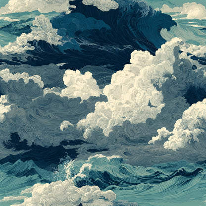 Ocean Wave Pattern Wallpaper Dark Blue Coastal Seamless Sea Wall Decor