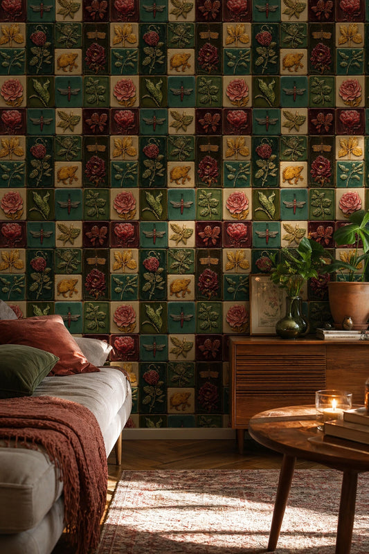 Vintage Botanical Tile Wallpaper Floral Pattern Antique Style Nature Wall Decor