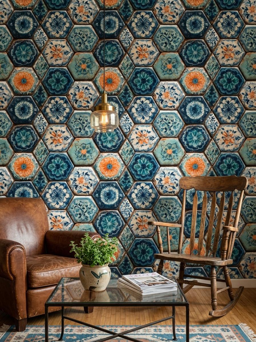 Blue Mosaic Tile Wallpaper Hexagon Pattern Ceramic Tile Art Mediterranean Decor