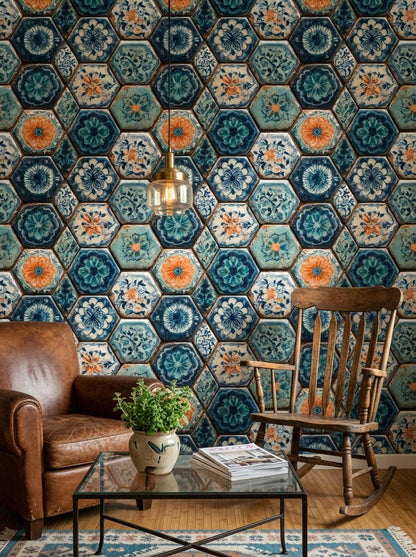 Blue Mosaic Tile Wallpaper Hexagon Pattern Ceramic Tile Art Mediterranean Decor