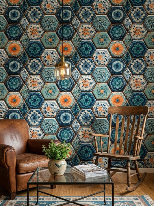Blue Mosaic Tile Wallpaper Hexagon Pattern Ceramic Tile Art Mediterranean Decor