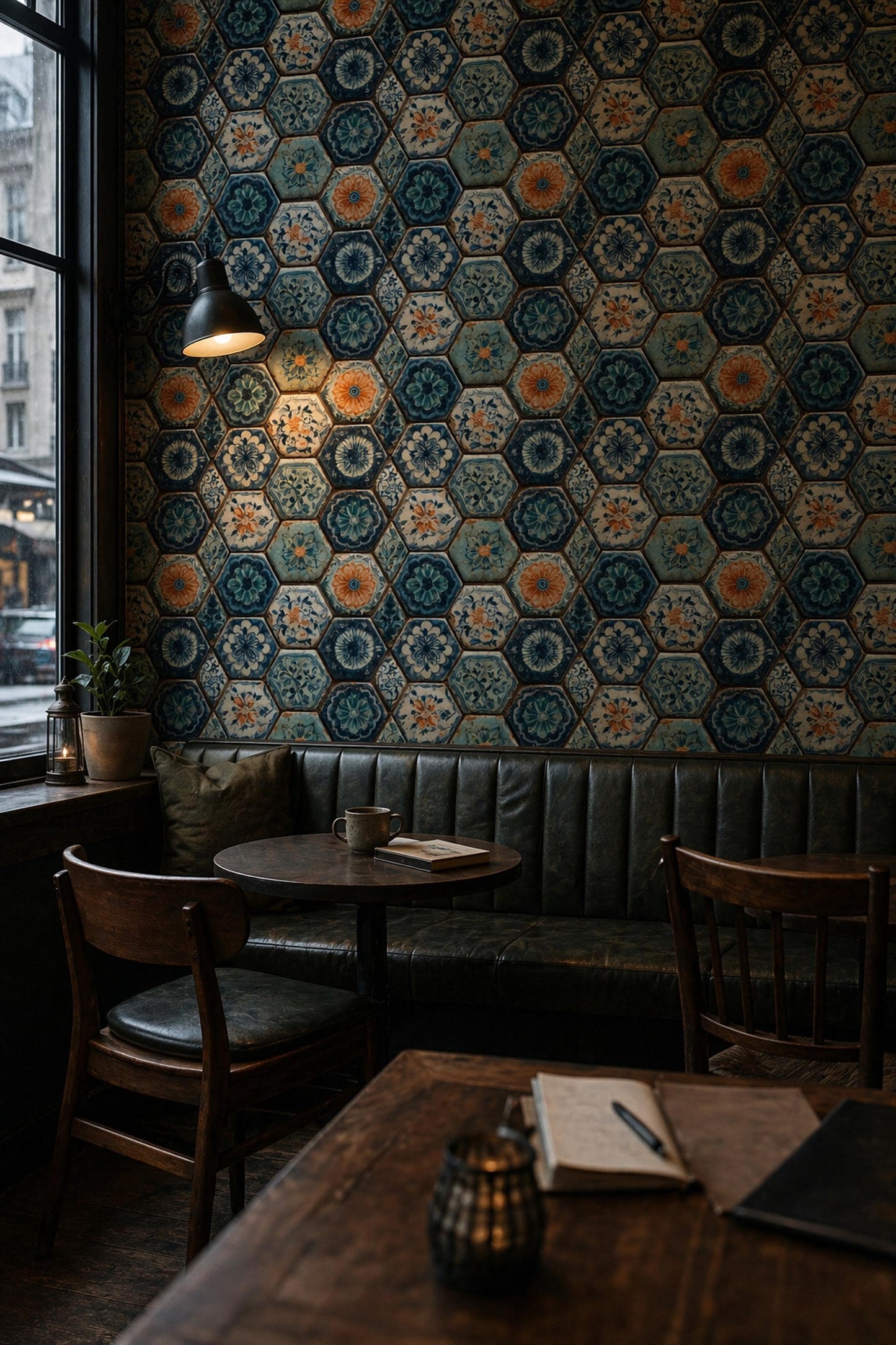 Blue Mosaic Tile Wallpaper Hexagon Pattern Ceramic Tile Art Mediterranean Decor