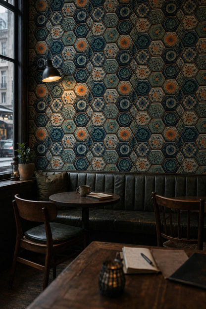 Blue Mosaic Tile Wallpaper Hexagon Pattern Ceramic Tile Art Mediterranean Decor