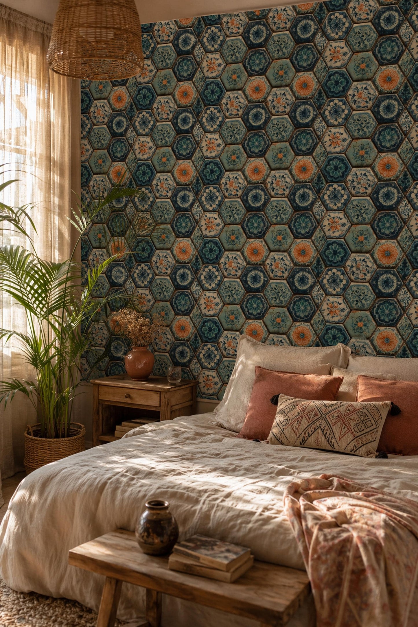 Blue Mosaic Tile Wallpaper Hexagon Pattern Ceramic Tile Art Mediterranean Decor