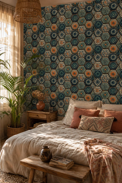 Blue Mosaic Tile Wallpaper Hexagon Pattern Ceramic Tile Art Mediterranean Decor
