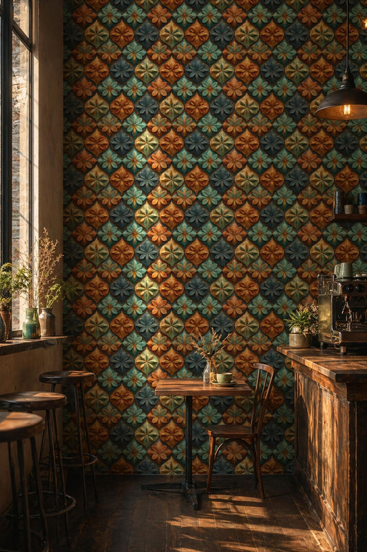 Floral Tile Wallpaper Vintage Mosaic Pattern Embossed Look Boho Wall Decor